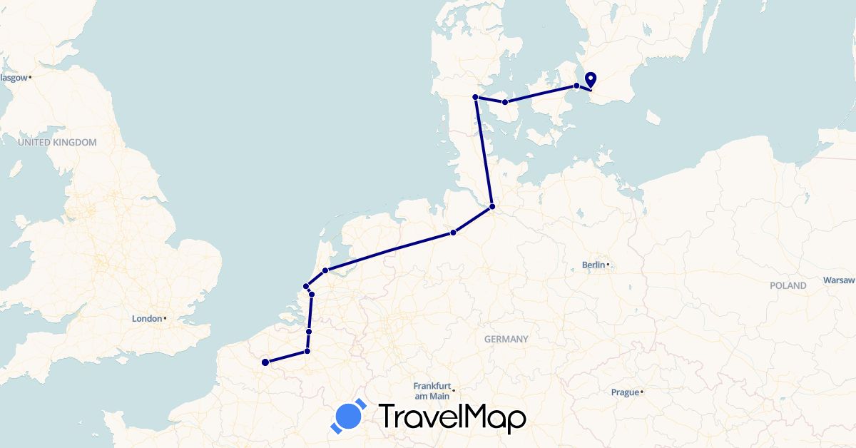 TravelMap itinerary: driving in Belgium, Germany, Denmark, France, Netherlands, Sweden (Europe)